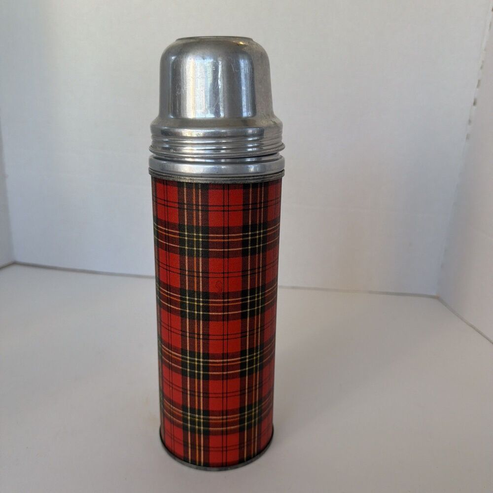 Vintage Aladdin Vacuum Bottle Red Black Plaid Gingham For Cork Top Metal READ